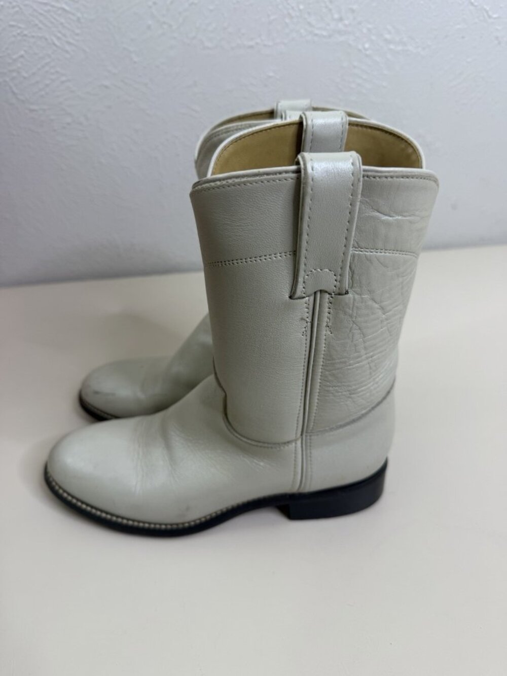 VTG Justin 3D Youth Off White Grayish Leather Roper Boots Western GUC - Picture 9 of 11